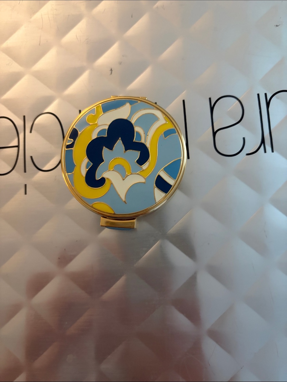 Estee Lauder Blue, Yellow & White Floral Enamel Compact Mirror